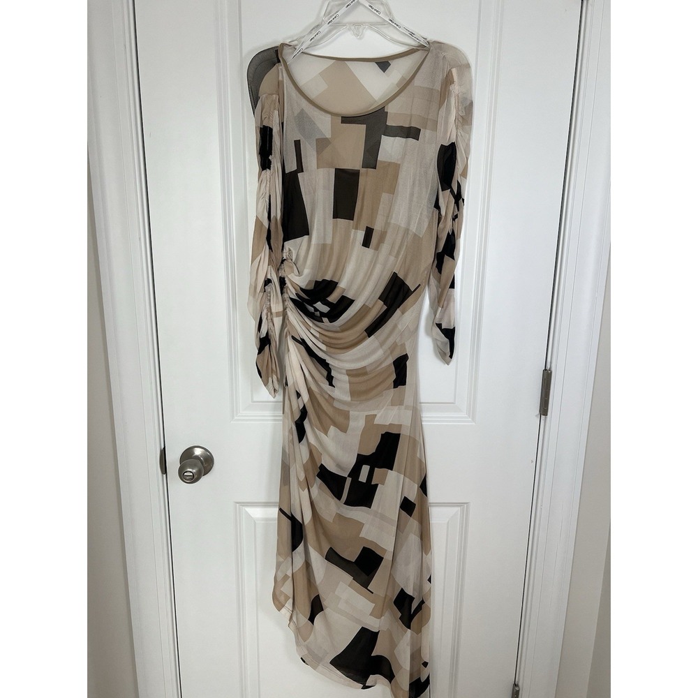Women's Calvin Klein Ruched Mesh Abstract Print Asymmetric Midi Dress Size 10